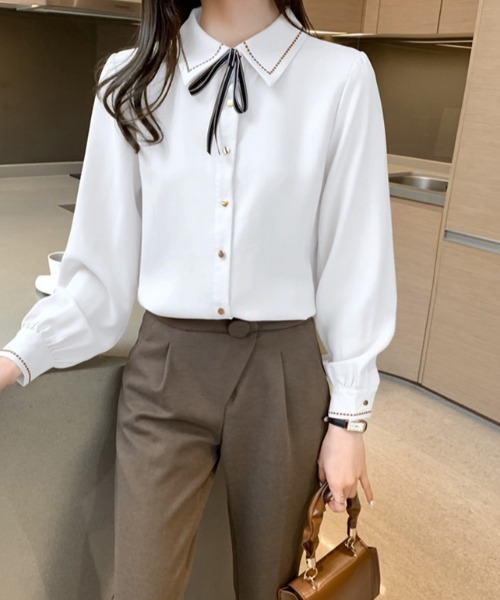 yuue' ( wear )(ユーイ)の「リボン付きステッチデザインボウタイシャツブラウス(シャツ/ブラウス・レディース・ホワイト/ブルー・FREE)」の10枚目の写真