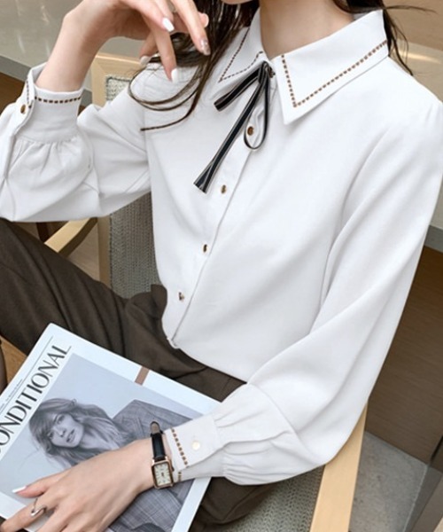 yuue' ( wear )(ユーイ)の「リボン付きステッチデザインボウタイシャツブラウス(シャツ/ブラウス・レディース・ホワイト/ブルー・FREE)」の11枚目の写真