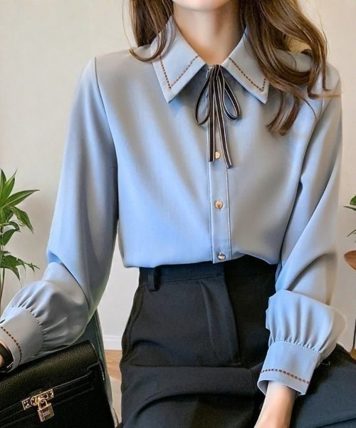 yuue' ( wear )(ユーイ)の「リボン付きステッチデザインボウタイシャツブラウス(シャツ/ブラウス・レディース・ホワイト/ブルー・FREE)」の13枚目の写真