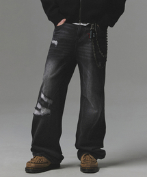 NOT4NERD(�m�b�g�t�H�[�i�[�h)��Destroyed Sand Washed Semi Flare Fit Denim Pants - Black(�f�j���p���c)