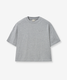 ウィメンズクロップアップリケ半袖Tシャツ_グレー