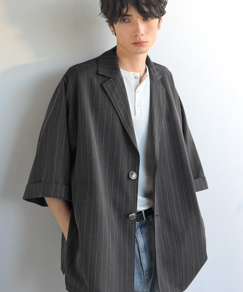 Java（ジャバ）の「《JaVaジャバコラボ》主役級！アンティーク釦使いストライプ柄ヘリンボン生地シャツジャケット（テーラードジャケット・メンズ・チャコールグレー/ダークネイビー・SMALL/MEDIUM/LARGE）」の5枚目の写真
