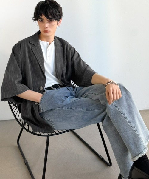 Java（ジャバ）の「《JaVaジャバコラボ》主役級！アンティーク釦使いストライプ柄ヘリンボン生地シャツジャケット（テーラードジャケット・メンズ・チャコールグレー/ダークネイビー・SMALL/MEDIUM/LARGE）」の6枚目の写真