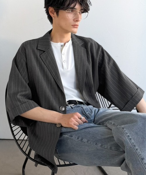 Java（ジャバ）の「《JaVaジャバコラボ》主役級！アンティーク釦使いストライプ柄ヘリンボン生地シャツジャケット（テーラードジャケット・メンズ・チャコールグレー/ダークネイビー・SMALL/MEDIUM/LARGE）」の9枚目の写真