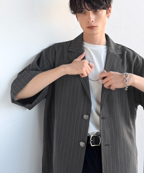 Java（ジャバ）の「《JaVaジャバコラボ》主役級！アンティーク釦使いストライプ柄ヘリンボン生地シャツジャケット（テーラードジャケット・メンズ・チャコールグレー/ダークネイビー・SMALL/MEDIUM/LARGE）」の13枚目の写真