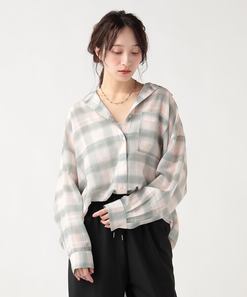 BEAMS HEART（ビームスハート）の「チェック柄 シアー ボタンシャツ（シャツ/ブラウス・レディース・ピンク/サックスブルー/オフホワイト・FREE）」の3枚目の写真