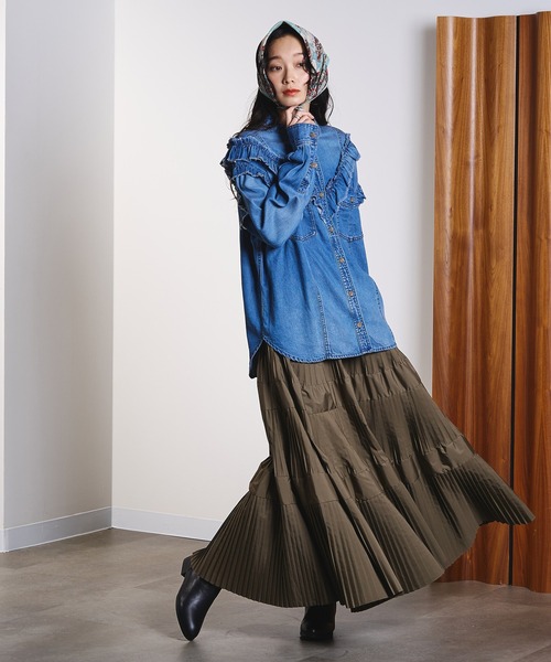 ROSE BUD（ローズバッド）の「TIERED SKIRT（スカート・レディース・カーキ/ブラック・ONE SIZE）」の3枚目の写真