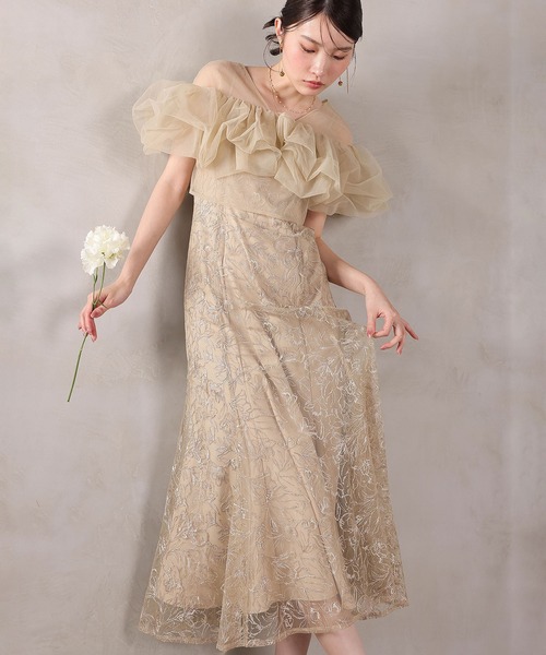 Kana（カナ）の「ボリュームボレロ花柄ワンピースドレス 2点セットワンピースドレス パーティー ドレス 結婚式 お呼ばれ オケージョン（ドレス・レディース・ブラック/チャコールグレー/ベージュ・M）」の3枚目の写真