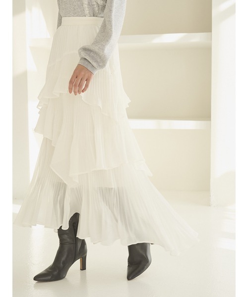 SNIDEL（スナイデル）の「Sustainableプリーツティアードスカート【SWFS261070 追加生産分】（スカート・レディース・ホワイト・0/1）」の5枚目の写真
