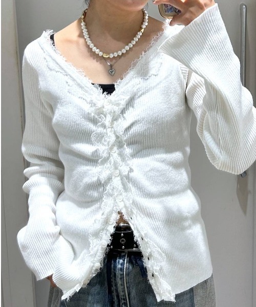 JEANASIS（ジーナシス）の「12Gレーストリムリブカーディガン/663959（カーディガン/ボレロ・レディース・ホワイト/グレー系その他/ブラック・FREE）」の17枚目の写真