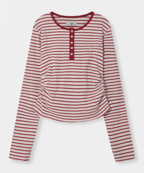 EUGGEN(ユジェン)の「ヘンリーネックシャーリングロングスリーブTシャツ_ストライプクリーム&レッド(Tシャツ/カットソー・レディース・その他・SMALL/MEDIUM)」の2枚目の写真