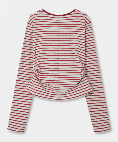 EUGGEN(ユジェン)の「ヘンリーネックシャーリングロングスリーブTシャツ_ストライプクリーム&レッド(Tシャツ/カットソー・レディース・その他・SMALL/MEDIUM)」の3枚目の写真