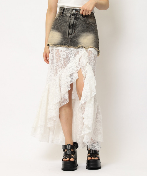 SPIRALGIRL（スパイラルガール）の「レースドッキングロングデニムスカート（デニムスカート・レディース・ブラック系その他/ネイビー・FREE）」の2枚目の写真
