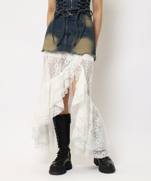 SPIRALGIRL（スパイラルガール）の「レースドッキングロングデニムスカート（デニムスカート・レディース・ブラック系その他/ネイビー・FREE）」の3枚目の写真