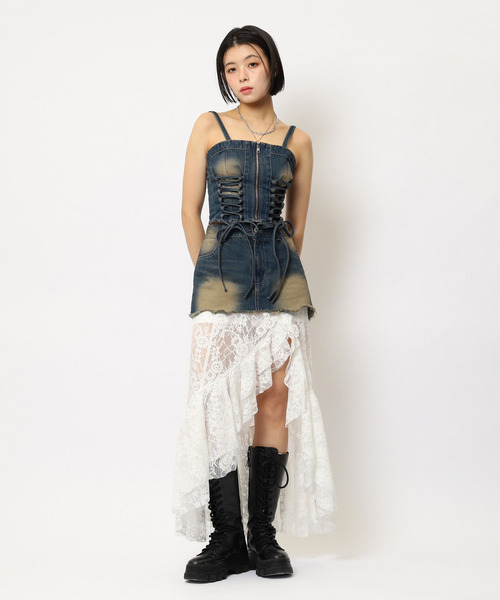 SPIRALGIRL（スパイラルガール）の「レースドッキングロングデニムスカート（デニムスカート・レディース・ブラック系その他/ネイビー・FREE）」の4枚目の写真