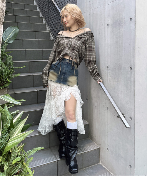 SPIRALGIRL（スパイラルガール）の「レースドッキングロングデニムスカート（デニムスカート・レディース・ブラック系その他/ネイビー・FREE）」の8枚目の写真