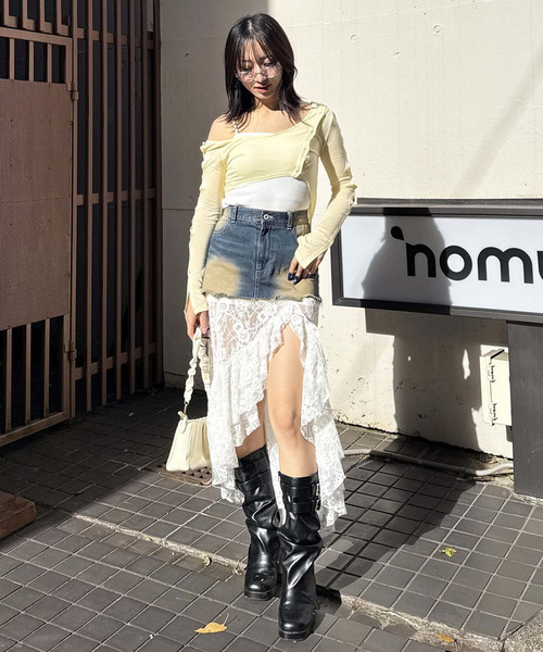 SPIRALGIRL（スパイラルガール）の「レースドッキングロングデニムスカート（デニムスカート・レディース・ブラック系その他/ネイビー・FREE）」の10枚目の写真