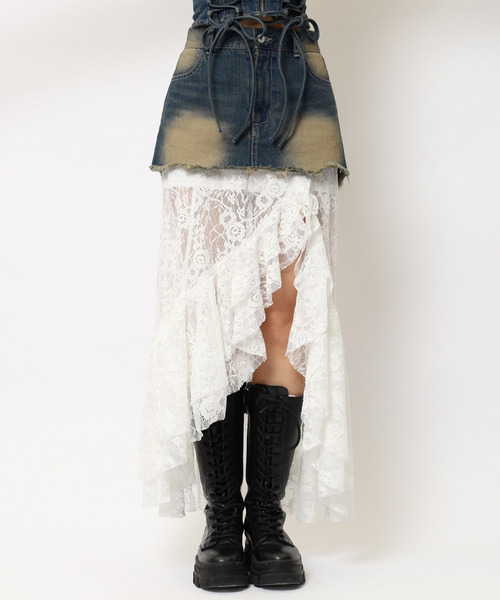 SPIRALGIRL（スパイラルガール）の「レースドッキングロングデニムスカート（デニムスカート・レディース・ブラック系その他/ネイビー・FREE）」の11枚目の写真