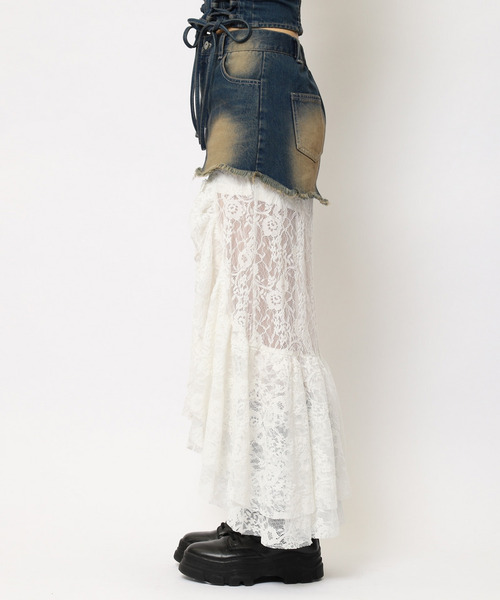 SPIRALGIRL（スパイラルガール）の「レースドッキングロングデニムスカート（デニムスカート・レディース・ブラック系その他/ネイビー・FREE）」の12枚目の写真