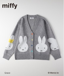 【miffy】ミッフィー フェイス柄 ニットカーディガン (ジャガード編み / カラフルボタン / ゆったりシルエット)