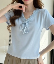 Ada.（エイダ）の「Vネック フリル リボン デザイン 半袖 トップス（Tシャツ/カットソー）」