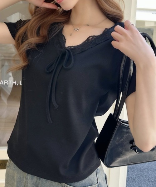 Ada.（エイダ）の「Vネック フリル リボン デザイン 半袖 トップス（Tシャツ/カットソー・レディース・ブルー/ホワイト/ブラック・FREE）」の3枚目の写真
