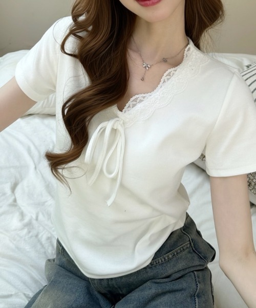 Ada.（エイダ）の「Vネック フリル リボン デザイン 半袖 トップス（Tシャツ/カットソー・レディース・ブルー/ホワイト/ブラック・FREE）」の13枚目の写真