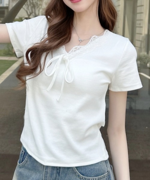 Ada.（エイダ）の「Vネック フリル リボン デザイン 半袖 トップス（Tシャツ/カットソー・レディース・ブルー/ホワイト/ブラック・FREE）」の10枚目の写真