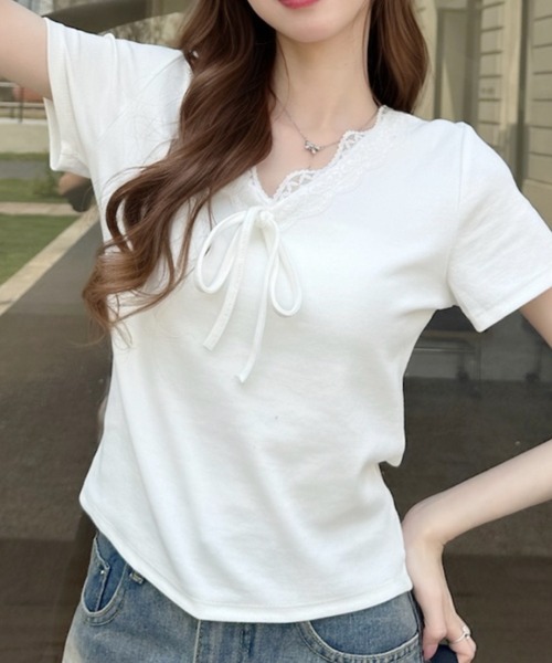 Ada.（エイダ）の「Vネック フリル リボン デザイン 半袖 トップス（Tシャツ/カットソー・レディース・ブルー/ホワイト/ブラック・FREE）」の11枚目の写真