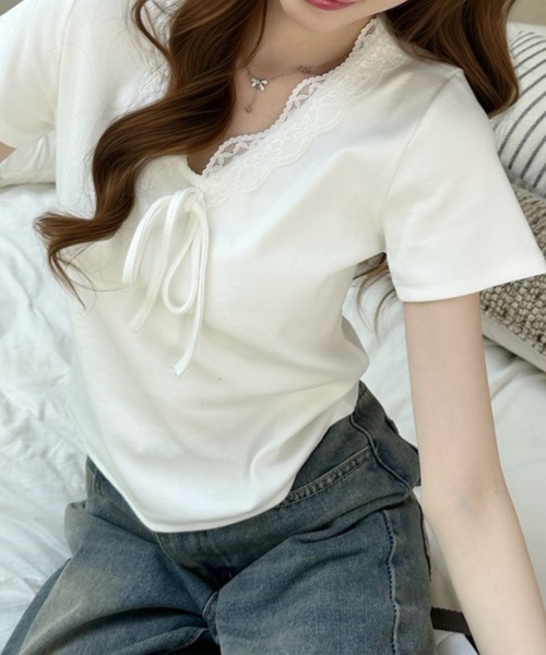 Ada.（エイダ）の「Vネック フリル リボン デザイン 半袖 トップス（Tシャツ/カットソー・レディース・ブルー/ホワイト/ブラック・FREE）」の15枚目の写真