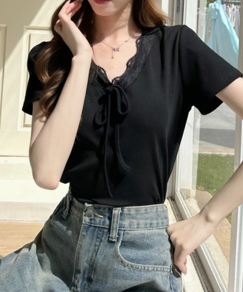 Ada.（エイダ）の「Vネック フリル リボン デザイン 半袖 トップス（Tシャツ/カットソー・レディース・ブルー/ホワイト/ブラック・FREE）」の19枚目の写真