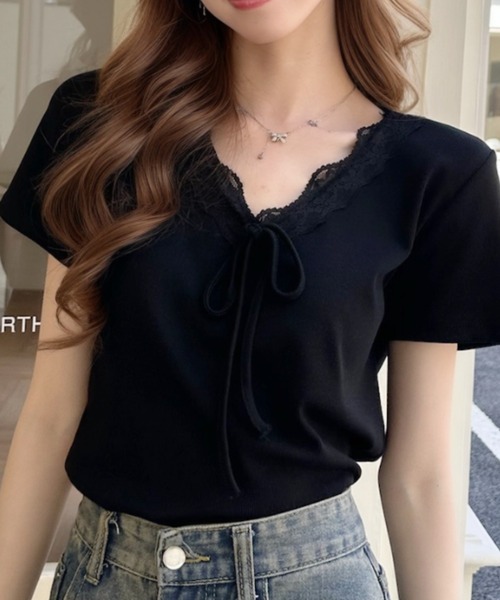 Ada.（エイダ）の「Vネック フリル リボン デザイン 半袖 トップス（Tシャツ/カットソー・レディース・ブルー/ホワイト/ブラック・FREE）」の16枚目の写真