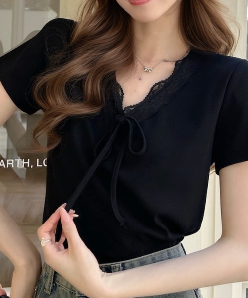 Ada.（エイダ）の「Vネック フリル リボン デザイン 半袖 トップス（Tシャツ/カットソー・レディース・ブルー/ホワイト/ブラック・FREE）」の17枚目の写真