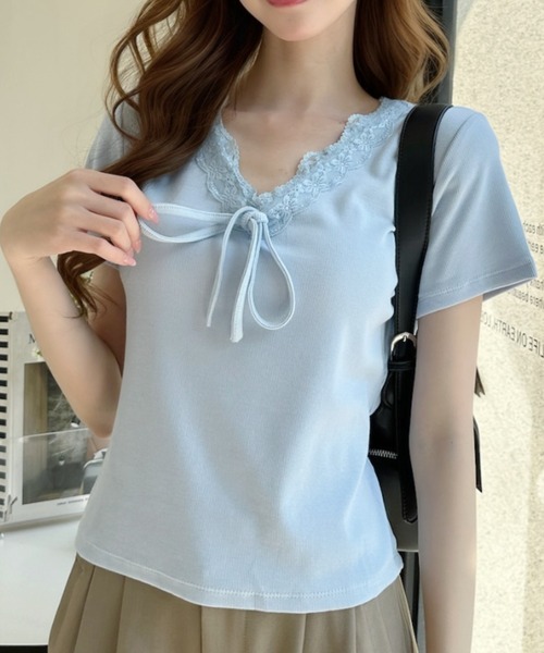 Ada.（エイダ）の「Vネック フリル リボン デザイン 半袖 トップス（Tシャツ/カットソー・レディース・ブルー/ホワイト/ブラック・FREE）」の5枚目の写真