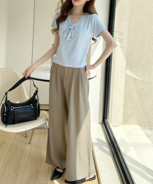 Ada.（エイダ）の「Vネック フリル リボン デザイン 半袖 トップス（Tシャツ/カットソー・レディース・ブルー/ホワイト/ブラック・FREE）」の9枚目の写真