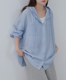 NAVY ワッシャー シアー フード付きシャツ