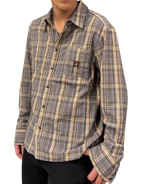 COOK JEANS（クックジーンズ）の「カジュアル総柄チェックシャツ（シャツ/ブラウス・メンズ・サックスブルー/アッシュブラウン・LARGE/X-LARGE/MEDIUM）」の2枚目の写真