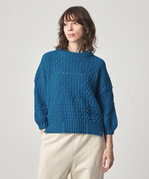 Steven Alan(スティーブンアラン)の「<ONICA × Steven Alan>COTTON JUMPER HALF SLEEVE KINT/ニット(ニット/セーター・レディース・オフホワイト/ブラック/ターコイズブルー系・FREE)」の1枚目の写真