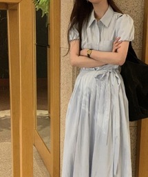 シャツカラー 半袖 ウエストリボン プリーツ切替 ワンピース