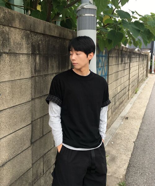 EXCONTAINER(エックスコンテナ)の「チェックレイヤードクロップハーフTシャツ(ブラック)(Tシャツ/カットソー・メンズ・その他・MEDIUM/LARGE/X-LARGE)」の7枚目の写真