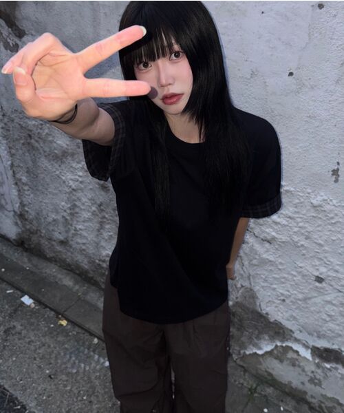 EXCONTAINER(エックスコンテナ)の「チェックレイヤードクロップハーフTシャツ(ブラック)(Tシャツ/カットソー・メンズ・その他・MEDIUM/LARGE/X-LARGE)」の6枚目の写真