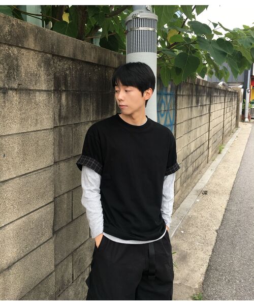 EXCONTAINER(エックスコンテナ)の「チェックレイヤードクロップハーフTシャツ(ブラック)(Tシャツ/カットソー・メンズ・その他・MEDIUM/LARGE/X-LARGE)」の4枚目の写真