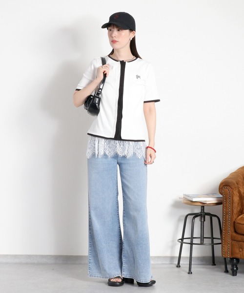 cepo(セポ)の「配色レイヤードライク半袖カーディガン(Tシャツ/カットソー・レディース・ブラック/オフホワイト/ホワイト系その他・M)」の14枚目の写真