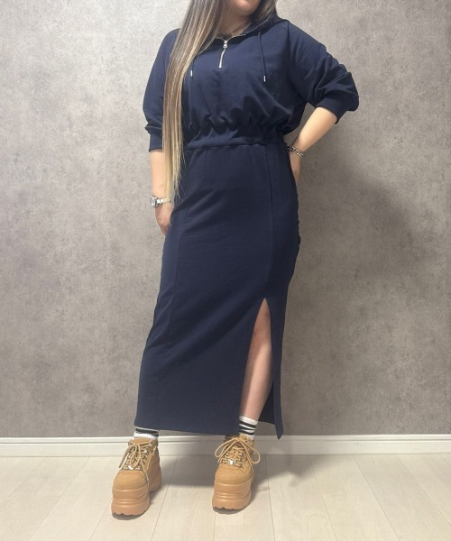 SMILE LAND(スマイルランド)の「【maryさんコラボ】ハーフジップスウェットフーディワンピース<大きいサイズ有>(ワンピース・レディース・ネイビー/グレー・M/L/LL/3L)」の8枚目の写真