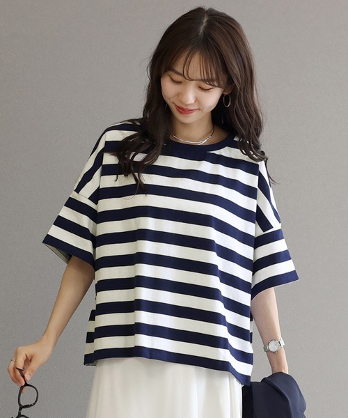 Aletta vita（アレッタビータ）の「綿天竺半袖ボーダーワイドプルオーバー（Tシャツ/カットソー・レディース・ネイビー/ブラック・M）」の18枚目の写真