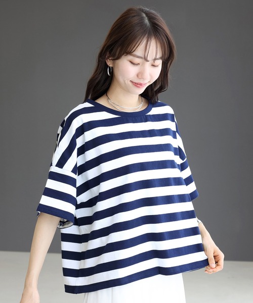 Aletta vita（アレッタビータ）の「綿天竺半袖ボーダーワイドプルオーバー（Tシャツ/カットソー・レディース・ネイビー/ブラック・M）」の15枚目の写真