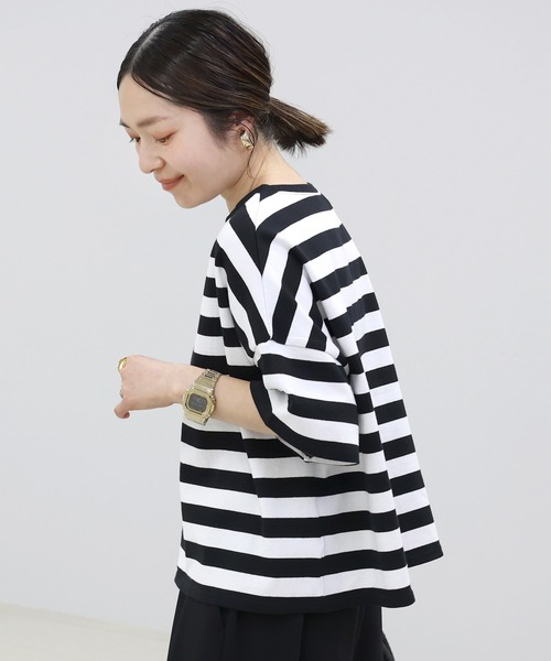 Aletta vita（アレッタビータ）の「綿天竺半袖ボーダーワイドプルオーバー（Tシャツ/カットソー・レディース・ネイビー/ブラック・M）」の4枚目の写真