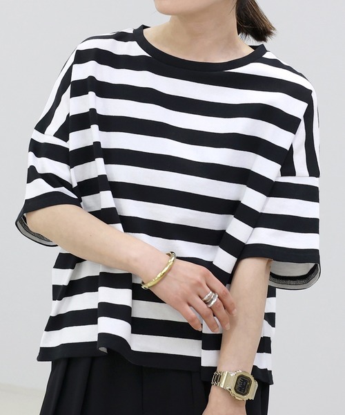 Aletta vita（アレッタビータ）の「綿天竺半袖ボーダーワイドプルオーバー（Tシャツ/カットソー・レディース・ネイビー/ブラック・M）」の3枚目の写真