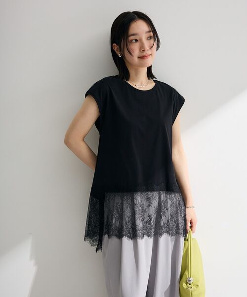 Green Parks(グリーンパークス)の「裾レースイレヘムフレンチTシャツ(Tシャツ/カットソー・レディース・ブラウン/ホワイト/ブラック・FREE)」の4枚目の写真