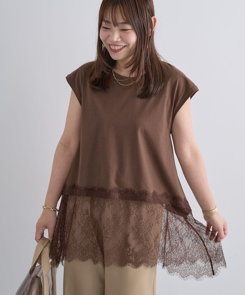 Green Parks(グリーンパークス)の「裾レースイレヘムフレンチTシャツ(Tシャツ/カットソー・レディース・ブラウン/ホワイト/ブラック・FREE)」の3枚目の写真